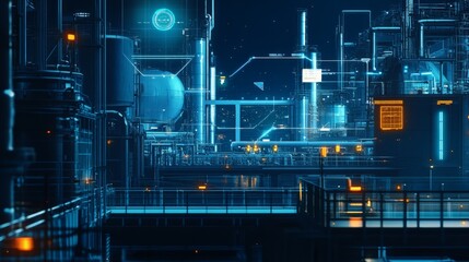 Futuristic Digital Factory with Neon Lights and High-Tech Structures