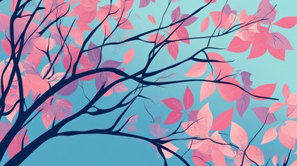 A Serene Pastel Autumnal Canopy: Delicate Branches and Soft Pink Leaves, A Tranquil Nature Scene