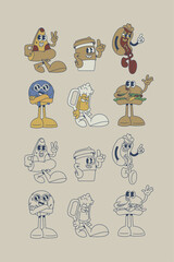 retro cartoon characters of fast food, vector illustration  