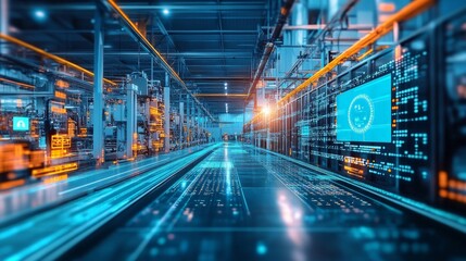 Futuristic Industrial Warehouse with Digital Technology Elements