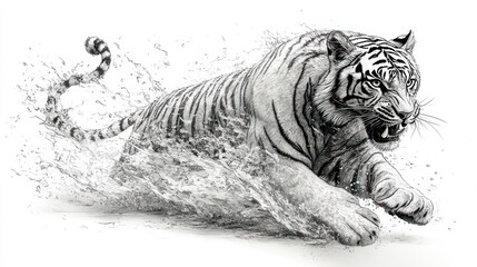 Naklejka premium A fierce white tiger splashing through water, showcasing its power and grace in a dynamic scene