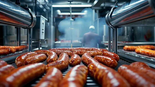 A large restaurant kitchen is filled with the aroma of delicious fried sausages. Chefs expertly manage the cooking process, ensuring each sausage is perfectly crisp and ready for serving.