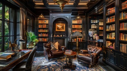 A cozy library with dark wood shelves, leather chairs, and warm lighting, perfect for reading and relaxation.