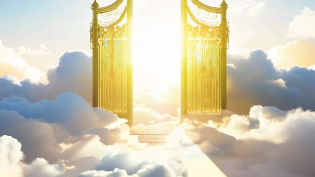 Open golden gates of Paradise against white clouds. Entrance to the afterlife for the righteous. Open golden gates lead to Paradise, a serene haven for the righteous.