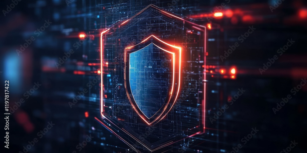 Poster the shield icon symbolizes protection in a secure digital network, highlighting the need for advance