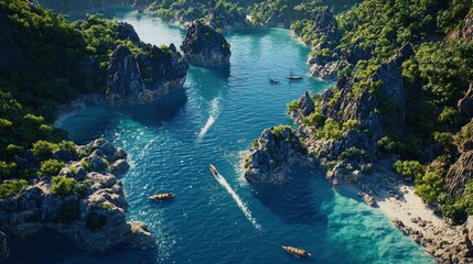 Tropical Island River Boats Aerial View