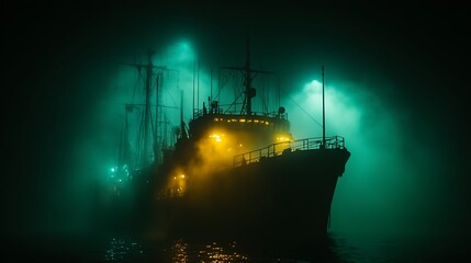 Fototapeta premium Enigmatic Vessel Shrouded In Nighttime Fog