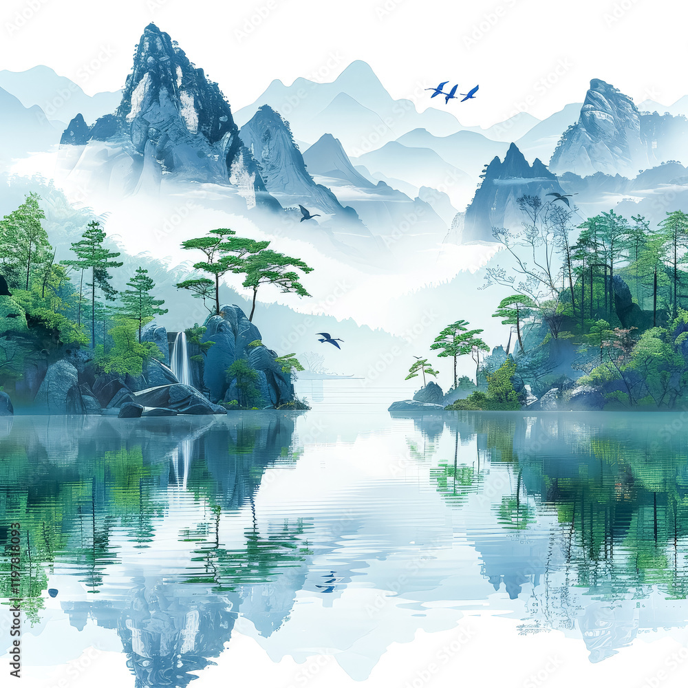 Poster mountain range with a river flowing through it. the water is calm and clear, and there are trees on 
