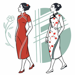 Flat design of traditional Chinese silk dresses