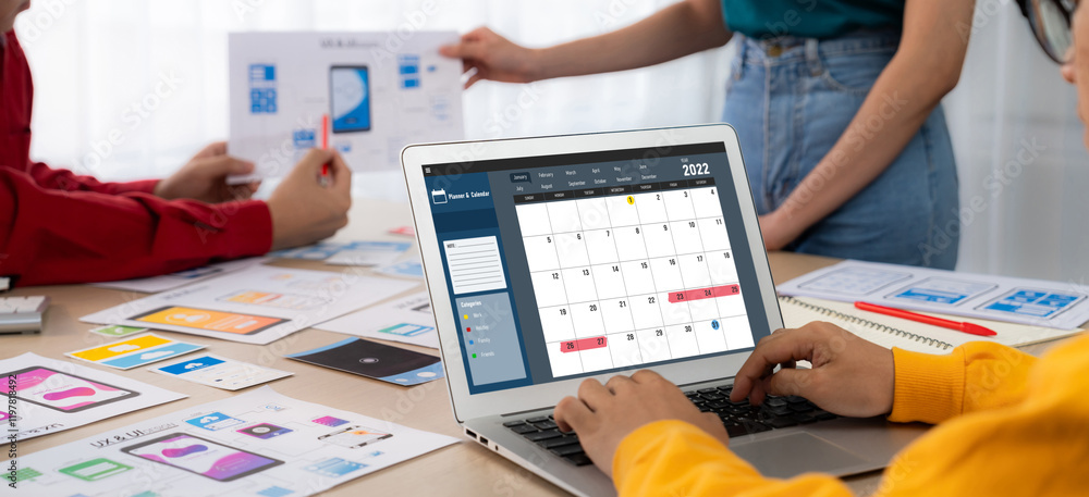 Poster calendar on computer software application for brisk schedule planning for personal organizer and onl