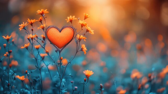 Naklejki Heart-Shaped Balloon and Vibrant Flowers in a Dreamlike Field at Golden Hour