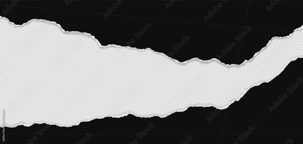 Poster black piece of paper with torn edges and soft shadow are on white background for text or ad.