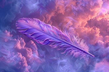 Obraz premium Light purple feather floating over a dreamy pink, purple, and violet cloudy sky background