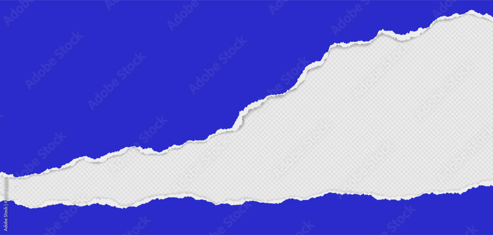 Poster blue piece of paper with torn edges and soft shadow are on white background for text or ad.