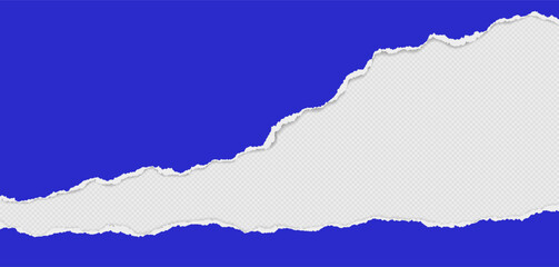 Blue piece of paper with torn edges and soft shadow are on white background for text or ad.