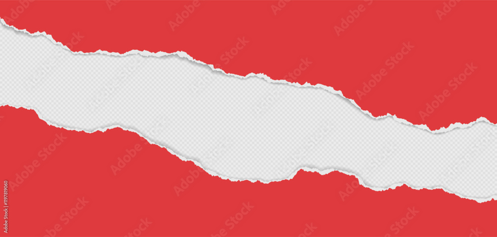 Poster red piece of paper with torn edges and soft shadow are on white background for text or ad.