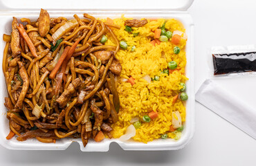A Chinese restaurant lunch menu item for takeout: Lo Mein chicken noodles paired with yellow fried rice, accompanied by a pack of chopsticks and soy sauce on the side.