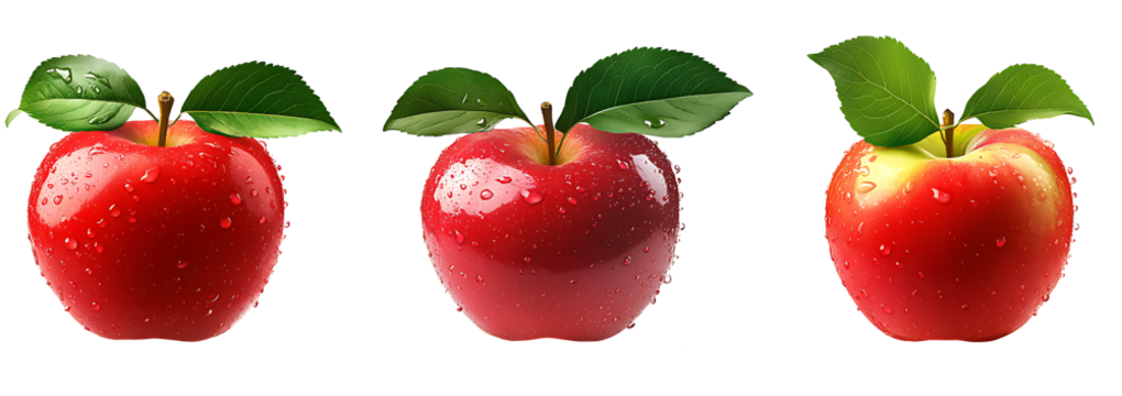 Set of red apples with leaves isolated white background PNG.AI GENERATED