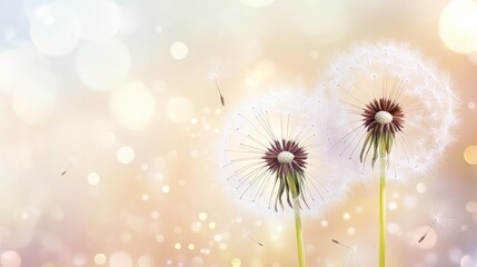 Two dandelions with a soft, colorful background and floating seeds.