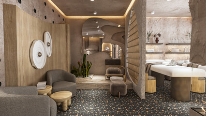 cellar with barrels, cellar with chairs, manicure and pedicure salon, hairdressing salon design, separator design, interior design, modern hairdressing salon, beauty center design, 3d beauty 