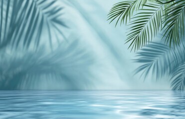 Abstract water background with palm leaf shadow and ripples on a blue wall for product display presentation mock-up