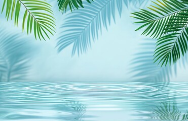 Abstract water background with palm leaf shadow and ripples on a blue wall for product display presentation mock-up