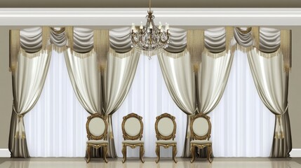 Exquisite Interior Design: Luxurious Room with Elegant Curtains and Crystal Chandelier