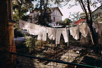 drying laundry in the yard, everyday life, routine