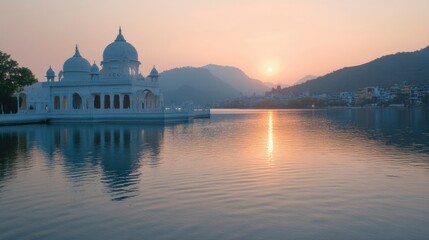 Obraz premium White Marble Structure Reflecting in Calm Lake at Sunrise