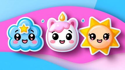 Fototapeta premium Cute Kawaii Cloud, Unicorn, and Sun Characters