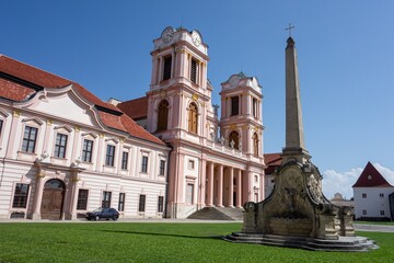 Two towers of Gottweig Abbey, Benedictine monastery and Brunnenobelisk near Krems in Lower Austria