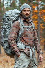 Obraz premium Bearded Hiker in Autumn Forest with Backpack Ready for Adventure