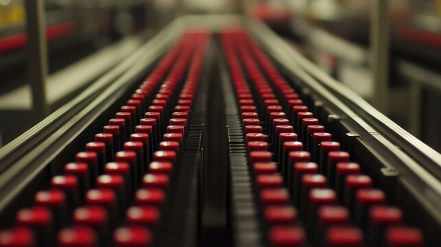 Conveyor Belt Rows Of Red Lipstick Tubes