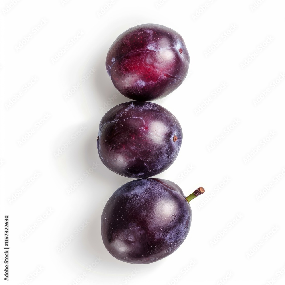 Poster fresh, juicy plums arranged vertically, creating a simple yet appealing image on a clean white backd