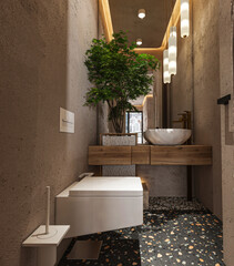 interior of a hotel, interior of a house, white toilet design with yellowish natural stone and wooden sink, sink with dark floor and plant