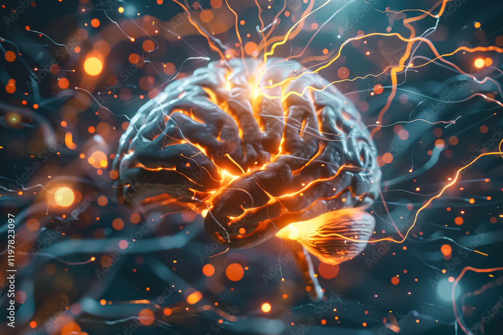 Poster brain with red and blue lines surrounding it. the brain is surrounded by a web of red and blue lines