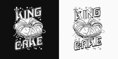 Carnival fun Mardi Gras label with traditional king cake with strings of beads, Fleur de Lis sign, scattered beads, text. Detailed monochrome illustration in vintage style. © OA_Creation