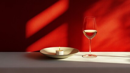 A minimalistic table setting for one featuring a candle, a wine glass with white wine, and a plate against a red background