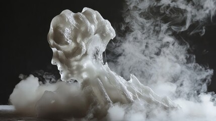 A white cloud of smoke is rising from a white object. The object is shaped like a bomb