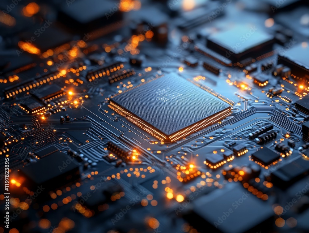 Poster explore the intricate details of a microchip on a circuit board, illuminated by glowing connections,