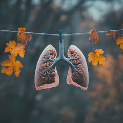 Lungs surrounded by autumn leaves on string showing the seasonal allergies during the weather change.