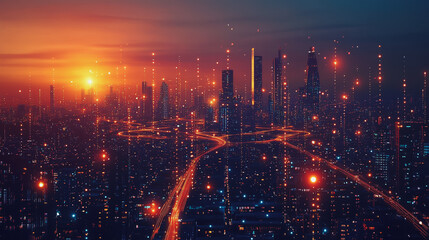 Fototapeta premium Abstract business man stands on the peak of success amid tall, innovative Smart city and graphs with statistics to analyze business potential and predict future developments in company growth.