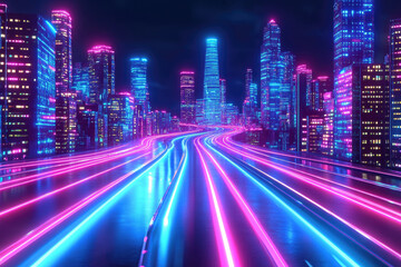 Futuristic Neon Cityscape with Vibrant Lights and Motion Trails at Night
