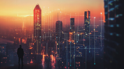 Fototapeta premium Abstract business man stands on the peak of success amid tall, innovative Smart city and graphs with statistics to analyze business potential and predict future developments in company growth.