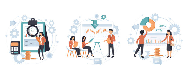 Master of Science in finance isolated cartoon vector illustrations set. Group of diverse people making business plan together, budget planning, study investment banking, management vector cartoon.