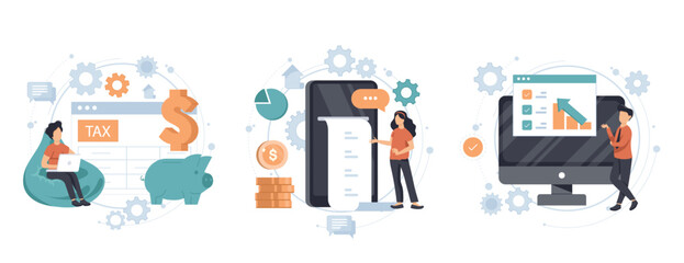 Various Finance Icons. Characters Calculating Long Bill or Invoice Online, Filling Tax From, Analyzing Financial Data. Income Management Concept. Flat Cartoon Vector Illustration.