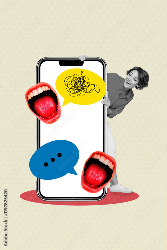 Poster composite 3d collage trend artwork template design of smartphone display message speech bubble netwo