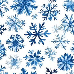 Blue Watercolor Snowflakes on White Background