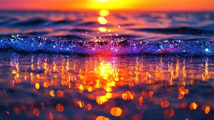 Obraz premium Vibrant Sunset Reflections on Ocean Waves with Colorful Bokeh in a Summer Evening Seascape