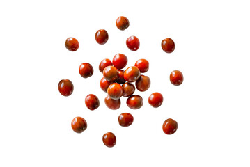 Closeup of fresh juicy organic red cherry tomatoes from the garden isolated on a transparent background without shadow from above, top view